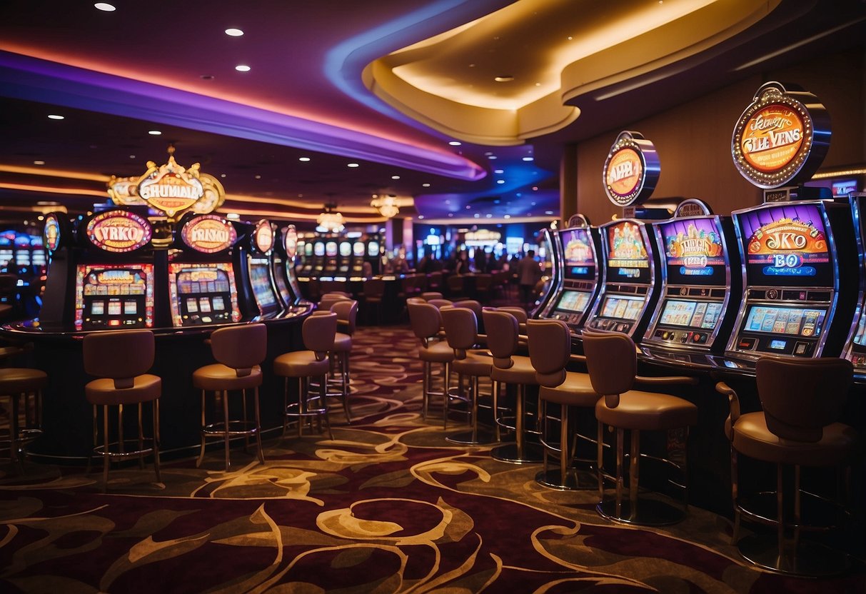 A vibrant casino with the Virgin brand logo prominently displayed, surrounded by slot machines and card tables, with patrons enjoying games and drinks