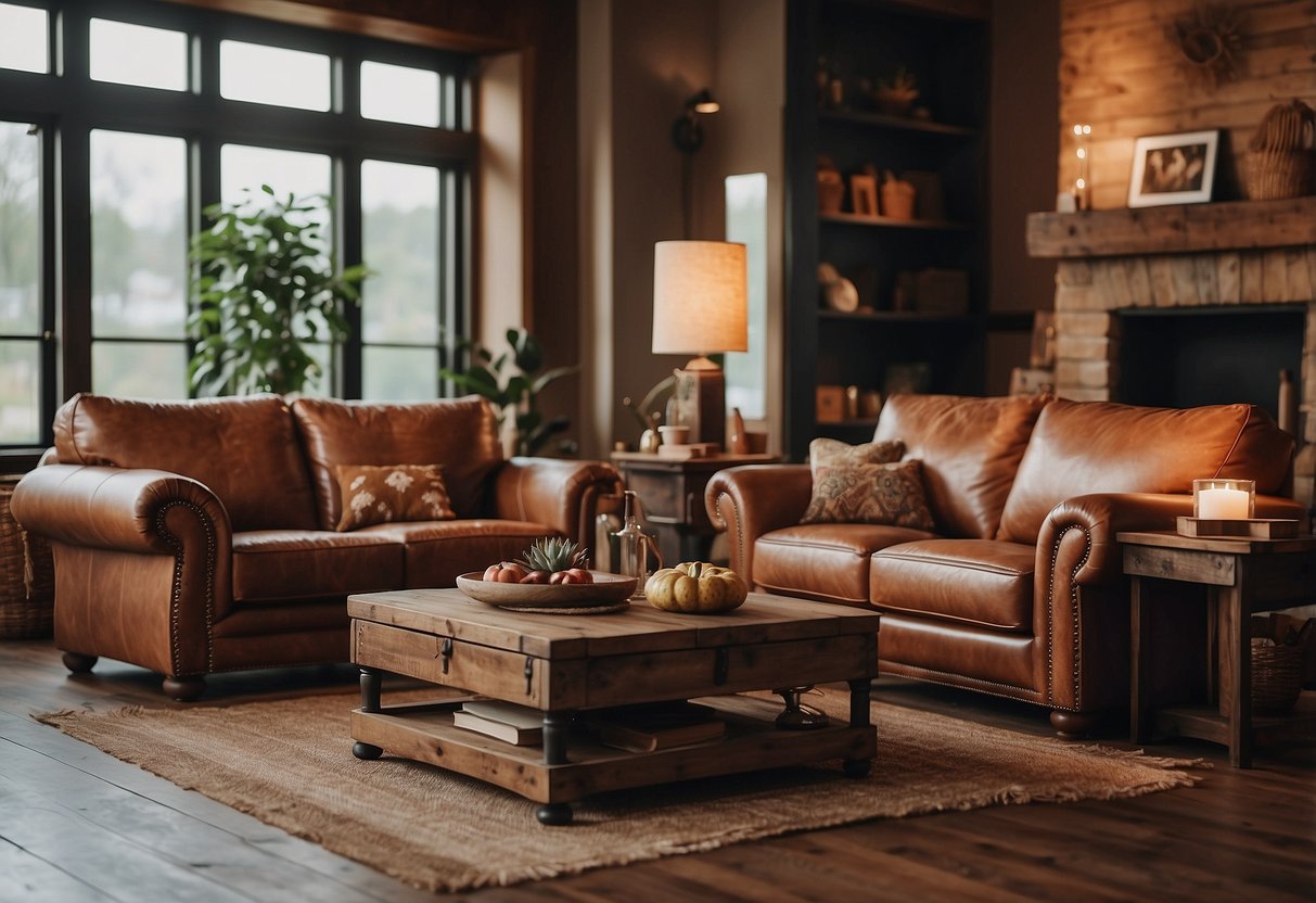 A cozy living room with distressed leather sofas, warm earthy tones, and rustic decor accents