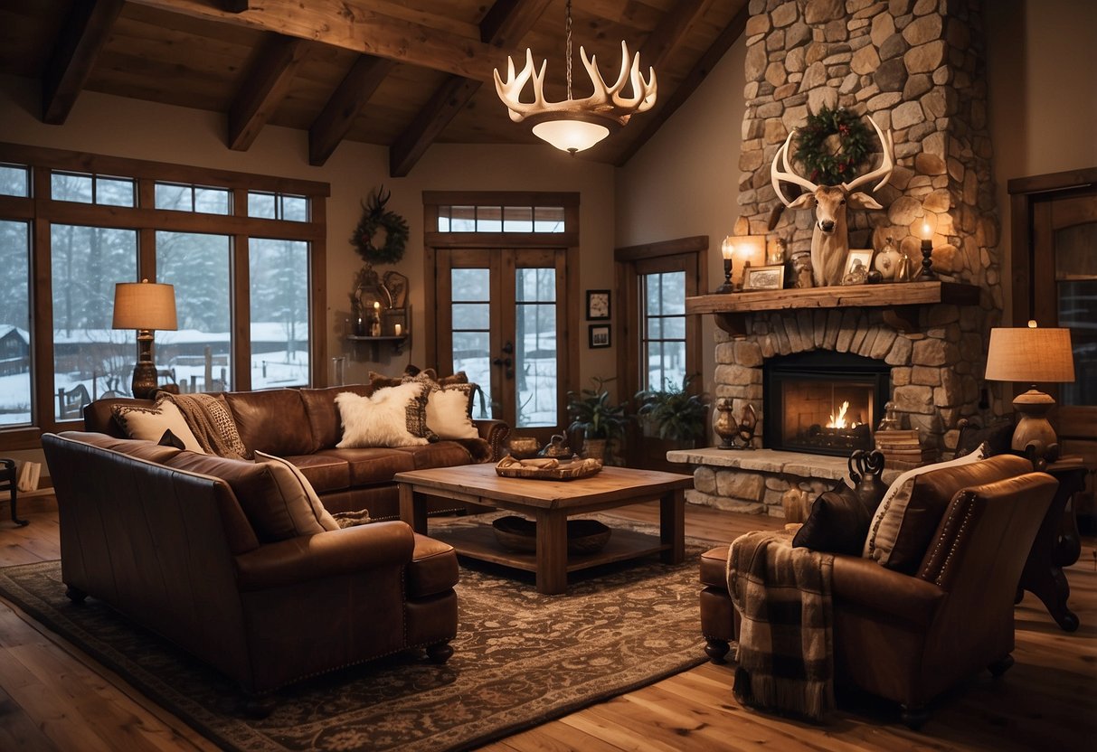 A rustic living room with antler decor pieces, including a chandelier, candle holders, and wall art. Cozy, warm, and inviting ranch style home decor