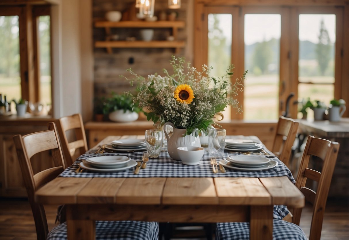 A rustic farmhouse dining set with wooden table, chairs, and bench, adorned with a checked tablecloth and fresh flowers, set in a cozy ranch-style home