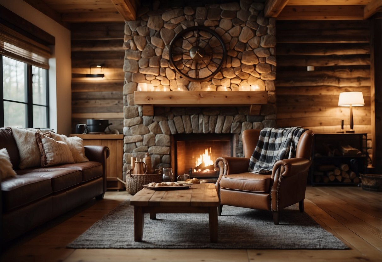 A cozy living room with a plaid throw blanket draped over a rustic leather armchair, surrounded by warm wood furniture and a stone fireplace