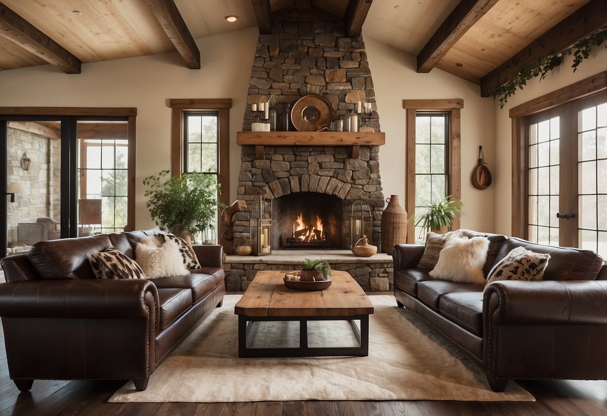 A cozy living room with leather sofas, cowhide rugs, and a stone fireplace. Wooden beams and wrought iron accents add a rustic touch