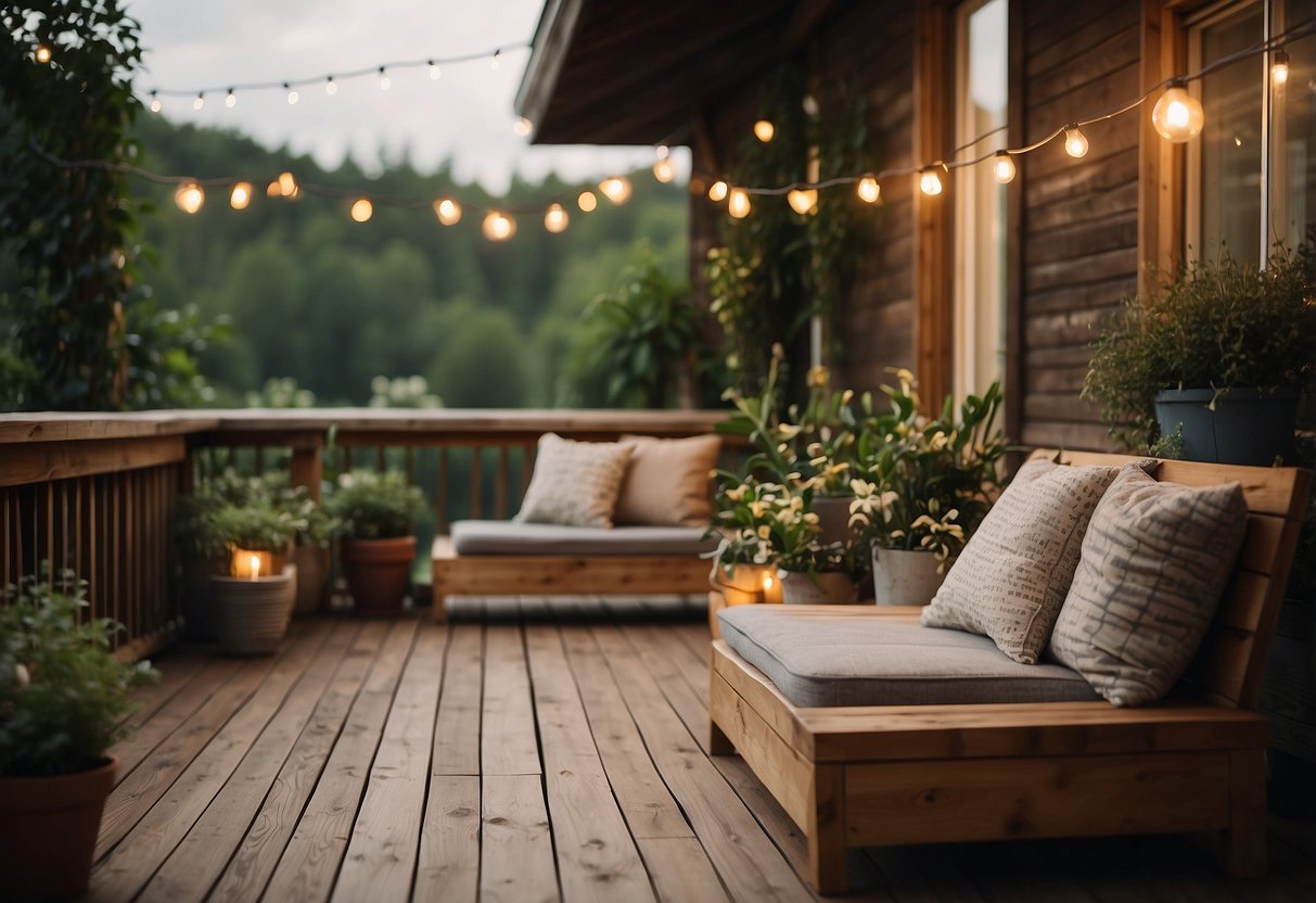 A rustic wooden porch with comfortable seating, surrounded by potted plants and warm string lights, creating a cozy outdoor space