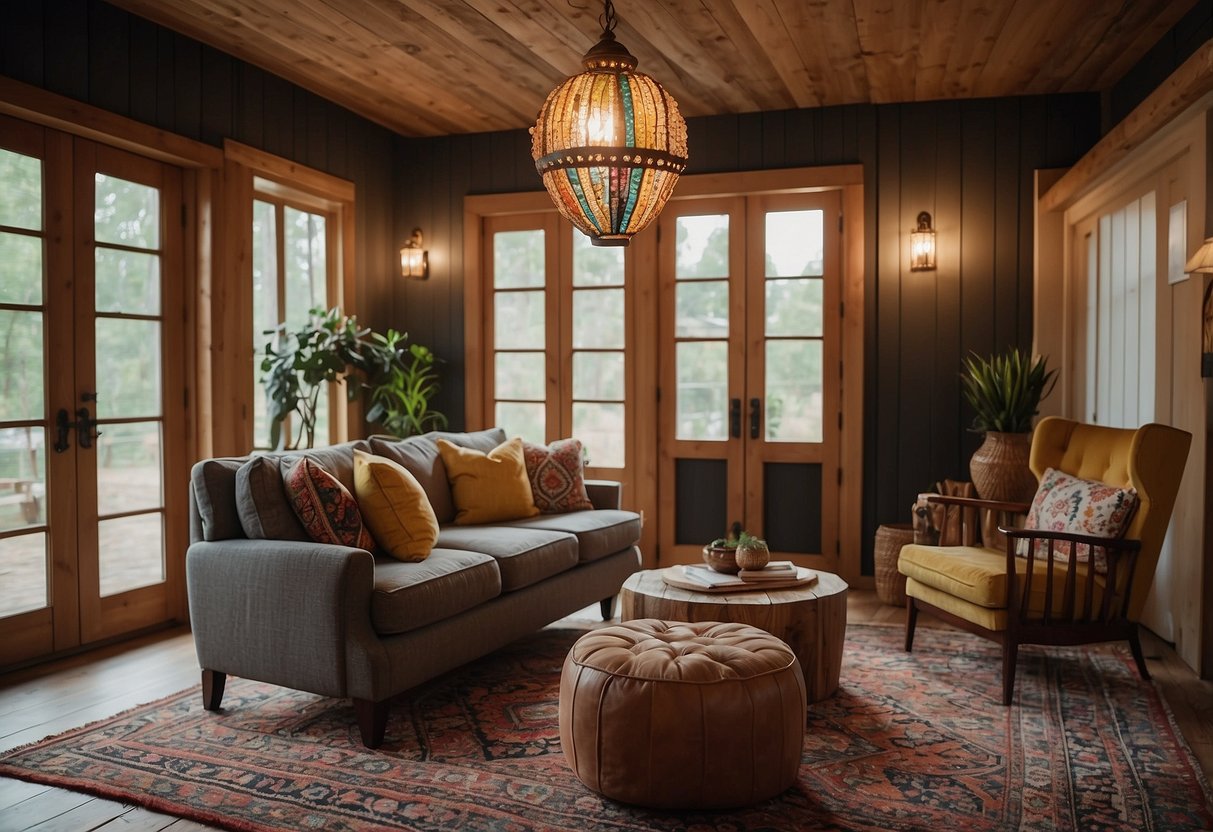 A cozy living room with rustic wooden furniture, colorful patterned rugs, and vibrant ceramic accents. A wrought iron chandelier hangs from the ceiling, casting warm light over the room