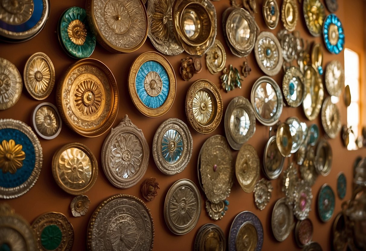 A colorful array of Mexican tin mirrors adorns the walls of a Spanish-style home, reflecting the warm sunlight and adding a touch of traditional charm to the decor