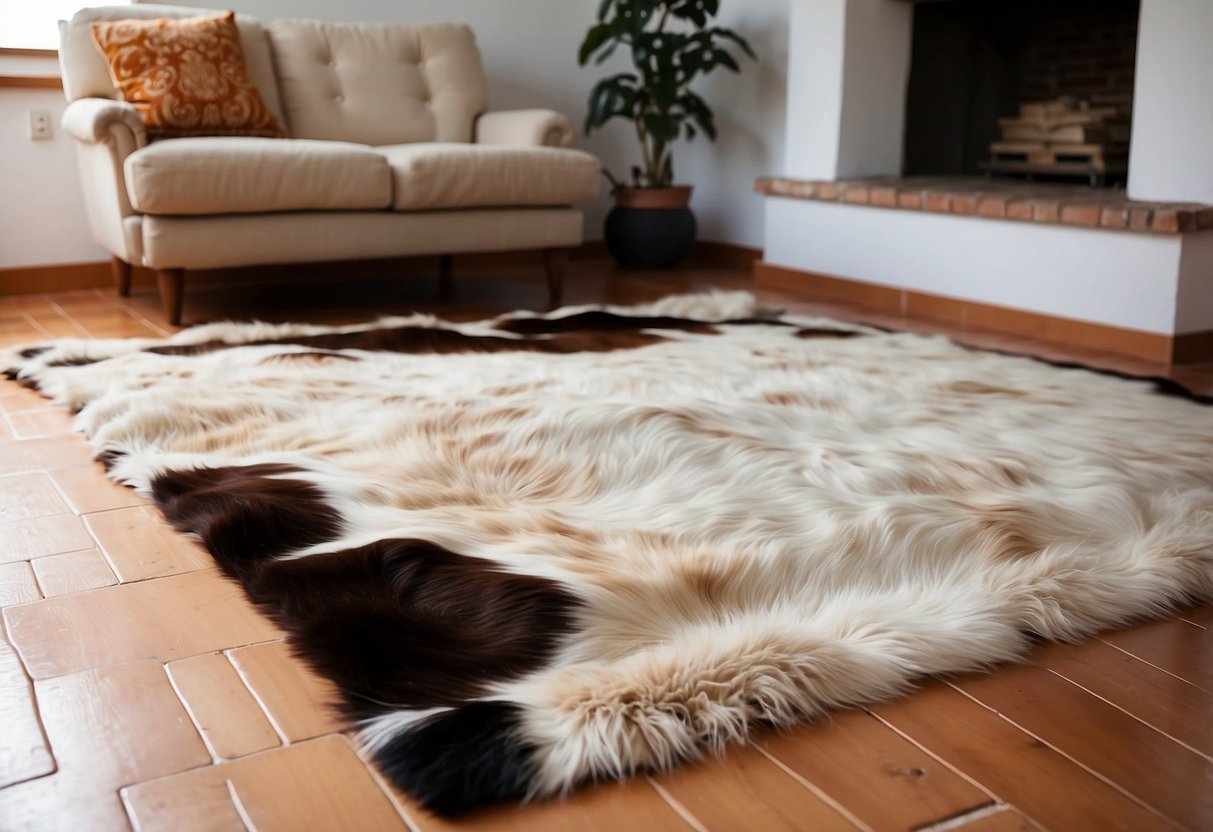 A cowhide rug lies on the floor of a Spanish-style home, adding a touch of rustic charm to the decor