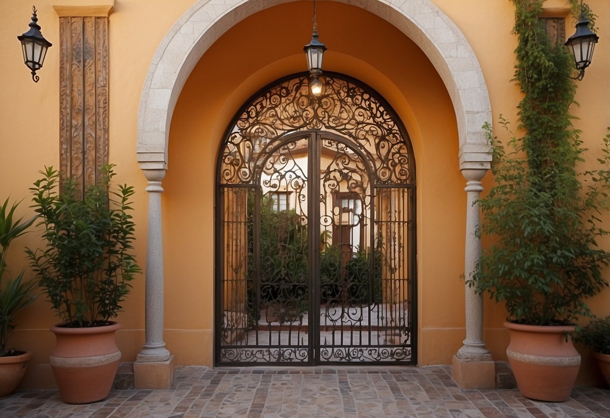 A wrought iron arch adorned with intricate Spanish designs, set against a stucco wall with vibrant tiles, creating a picturesque scene for Spanish style home decor