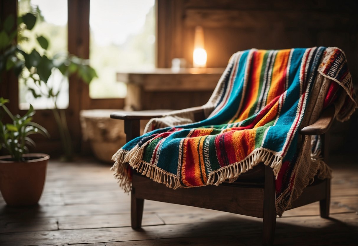 A cozy living room with a vibrant Mexican blanket thrown over a rustic wooden chair, adding a pop of color and cultural charm to the space