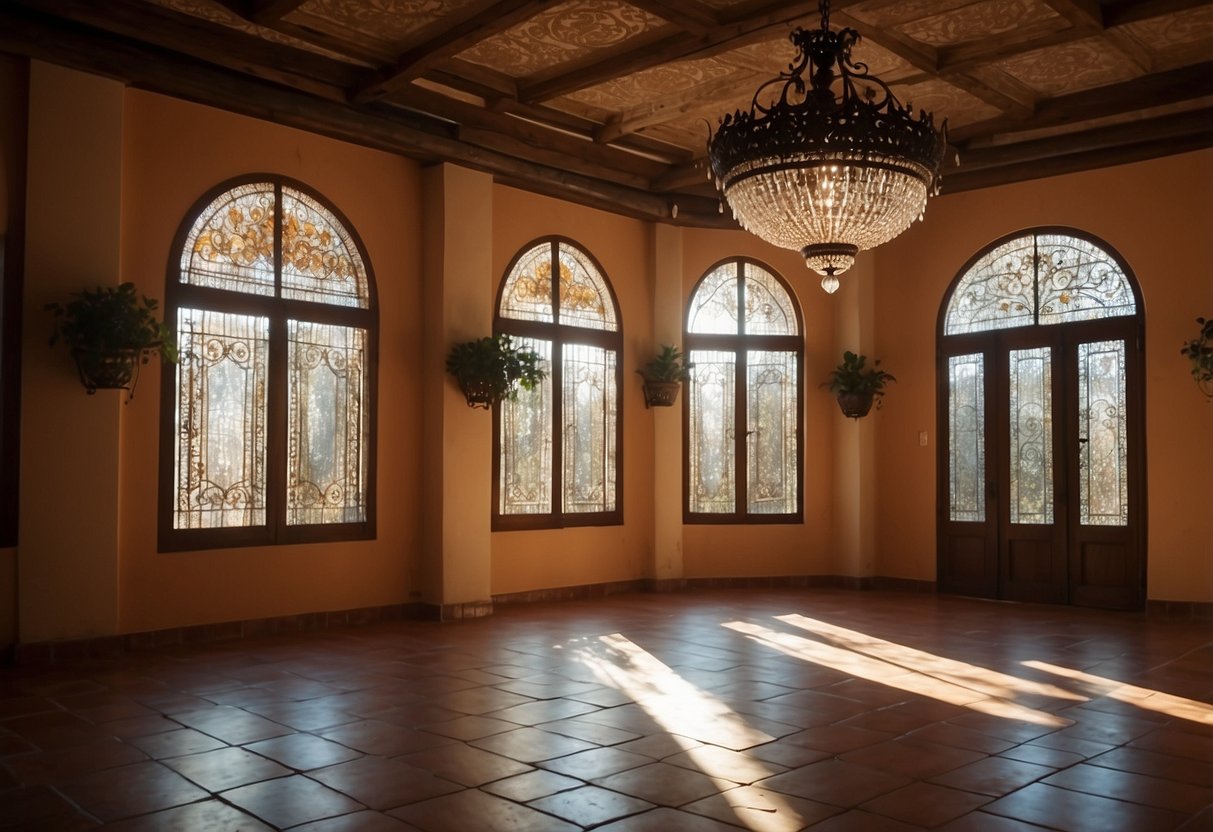 A grand wrought iron chandelier hangs in a spacious Spanish-style home, casting intricate shadows against the terra cotta walls and ornate tile floors