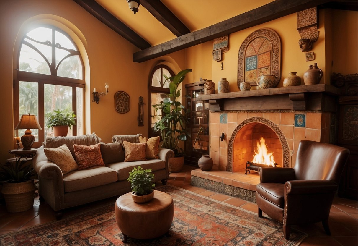 A cozy living room with a Spanish-style mantel, adorned with colorful tiles and intricate carvings, surrounded by rustic furniture and warm earthy tones