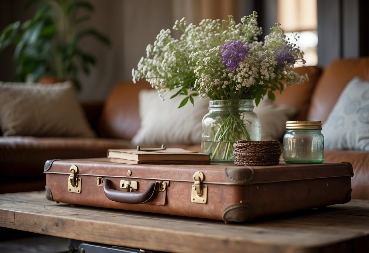 A cozy living room with upcycled furniture and decor, such as a vintage suitcase turned into a coffee table, and mason jar vases filled with wildflowers on a reclaimed wood shelf