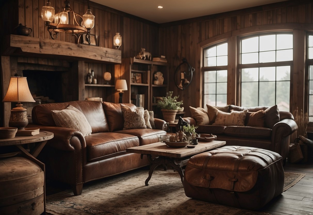 A cozy living room with a leather saddle as a decorative accent, horse-themed artwork on the walls, and a rustic chandelier hanging from the ceiling