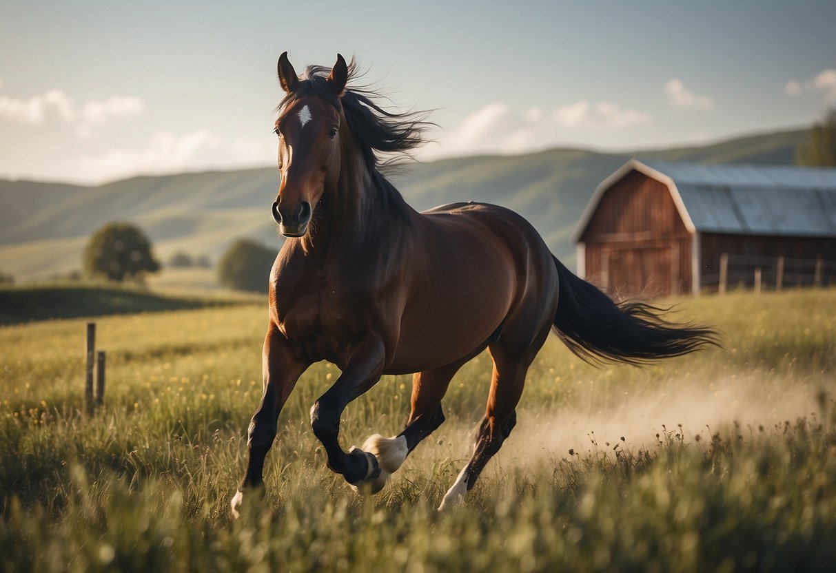 A beautiful horse galloping through a field, with a rustic barn and rolling hills in the background