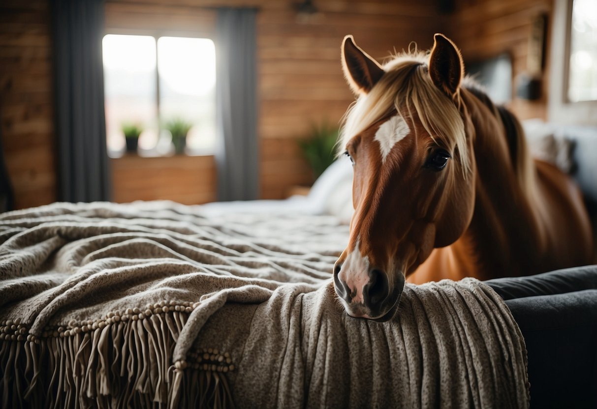 A horse's mane cascades over a cozy throw blanket in an equestrian-style home decor setting