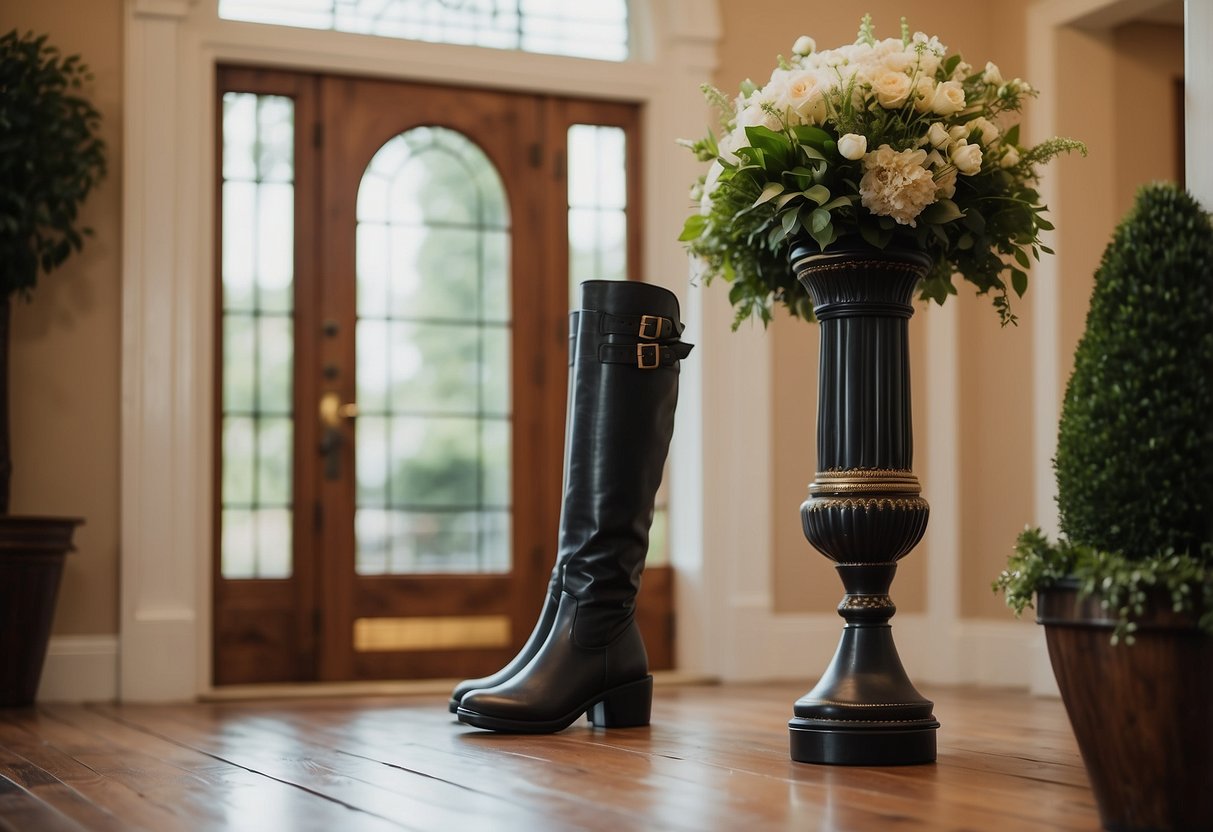 A riding boot umbrella stand sits in a grand foyer, surrounded by equestrian-themed home decor