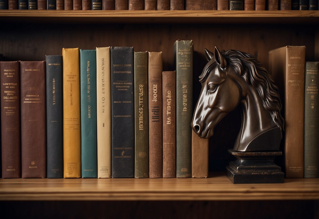 Two horse head bookends hold up a row of classic novels on a wooden shelf