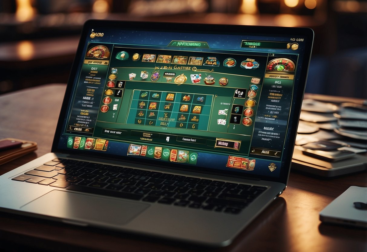 A computer screen displaying an online casino homepage with a prominent "startguthaben bei anmeldung" offer. Various casino games icons are visible