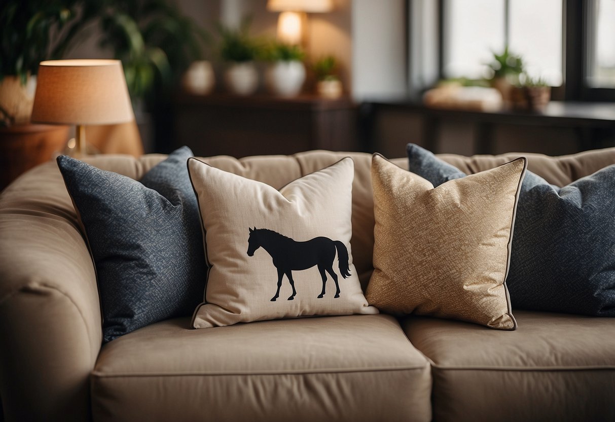 Equestrian-themed pillows arranged on a cozy couch in a stylish living room with horse-themed decor