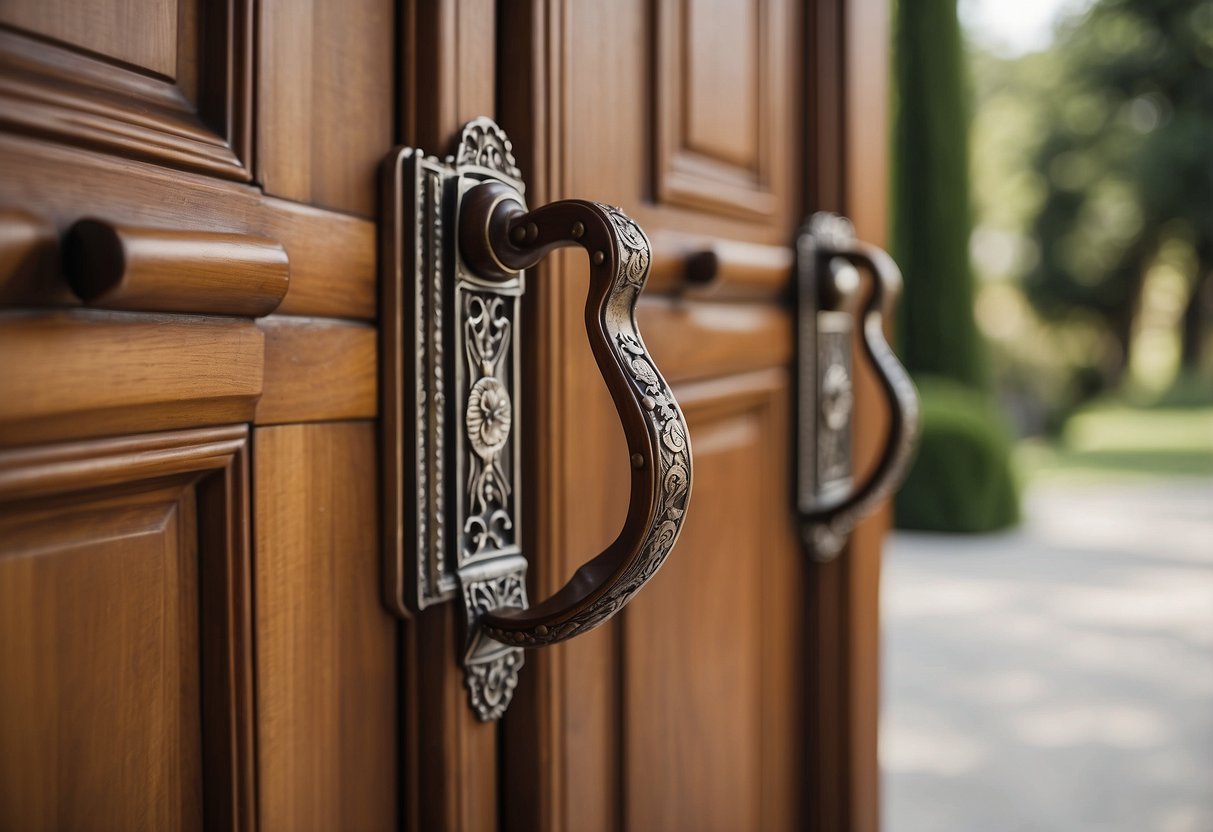 Bridle door handles on wooden doors in equestrian-themed home decor