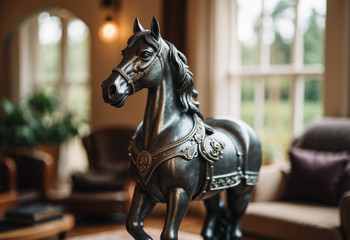 An iron horse statue stands in a grand equestrian-style home decor setting