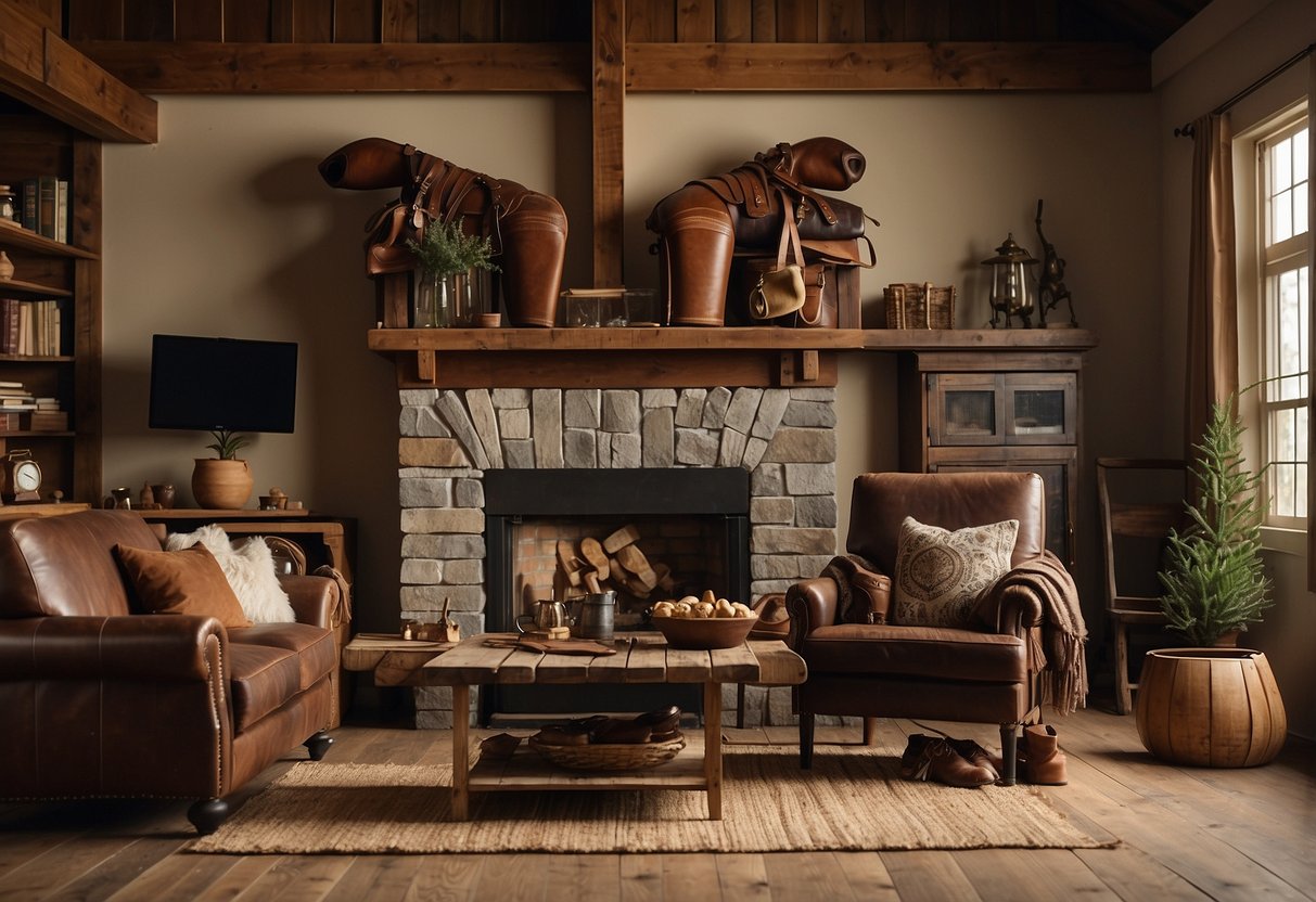 A rustic barn door opens to reveal a cozy living room filled with leather saddles, horse artwork, and plaid blankets. A vintage riding helmet sits on a wooden mantel, surrounded by antique brass horse figurines