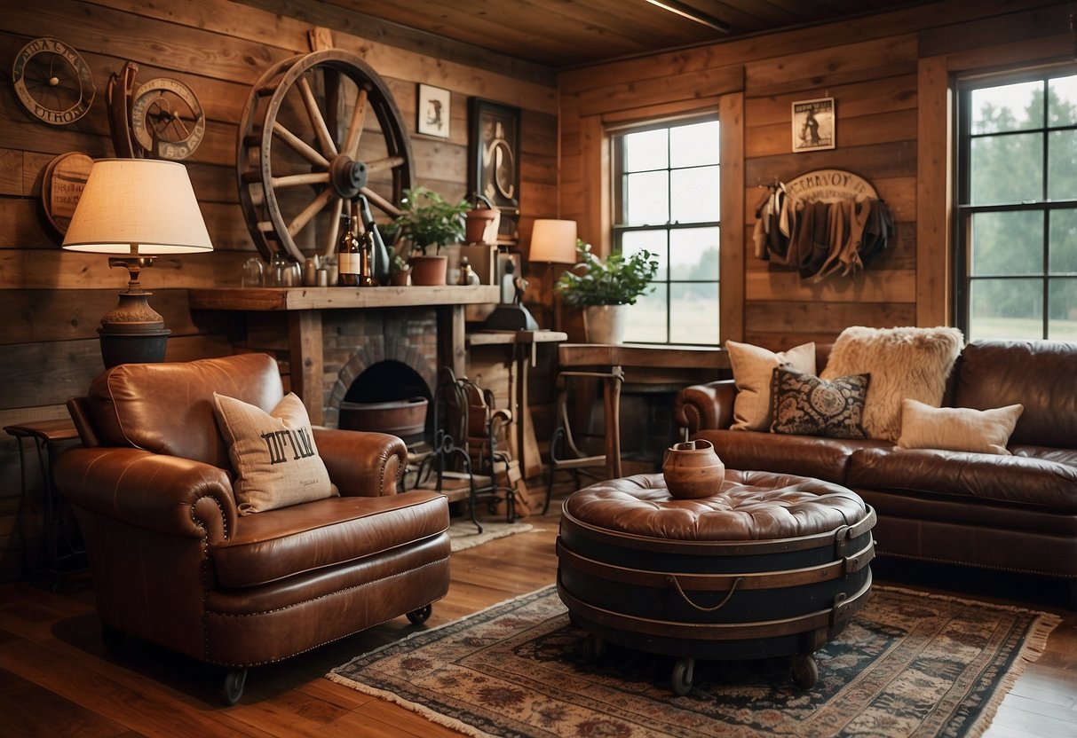 A cozy living room with leather sofas, horse-themed throw pillows, and a coffee table made from a reclaimed wooden cart wheel. Equestrian artwork adorns the walls, and a vintage saddle serves as a unique accent piece