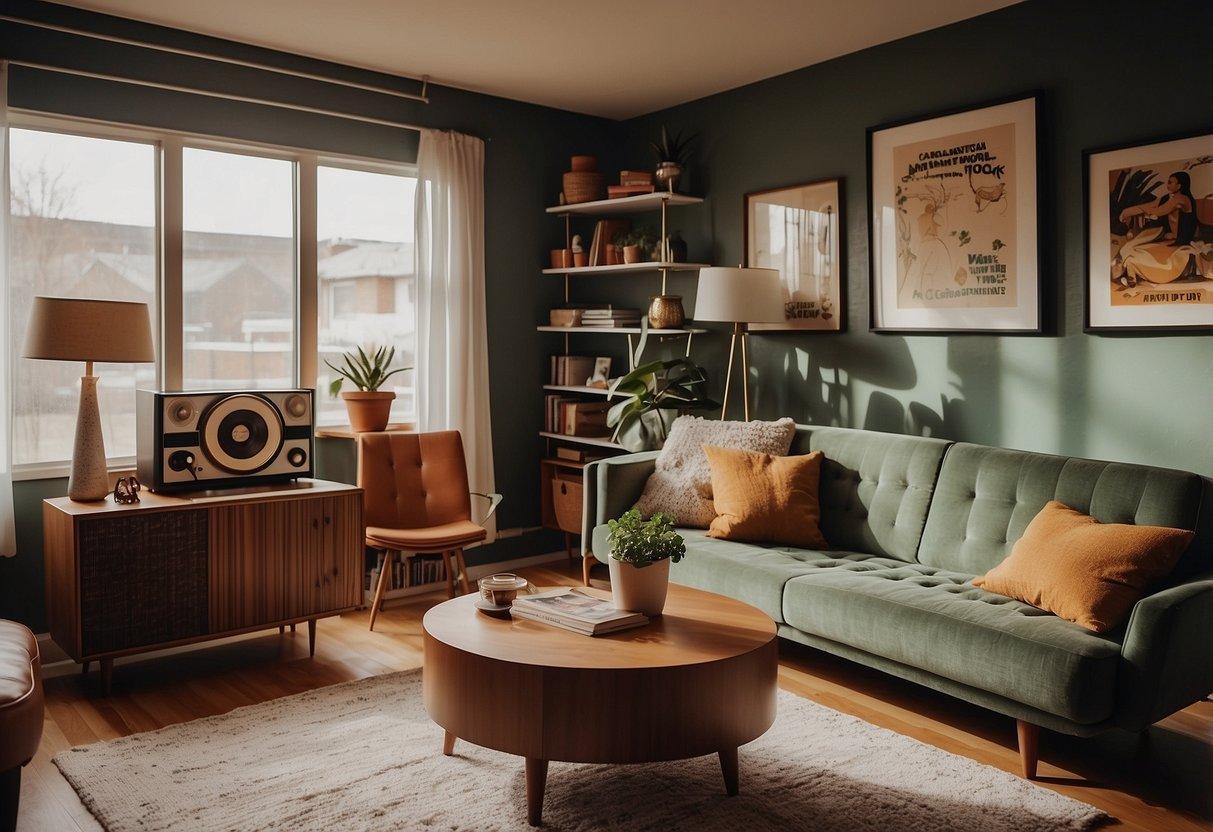 A cozy living room with mid-century furniture, a vintage record player, and retro artwork on the walls. A mix of modern and vintage decor creates a stylish and inviting atmosphere