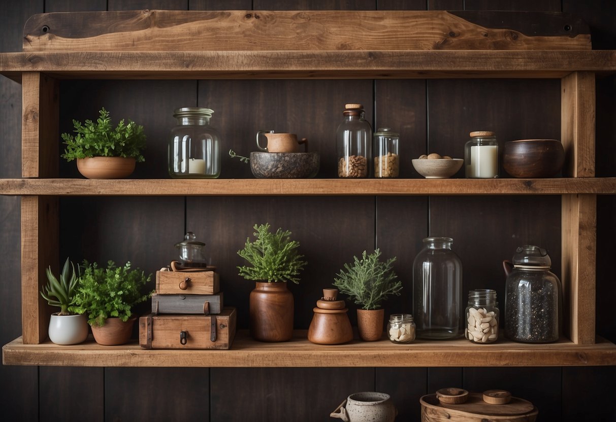 Rustic wooden shelves adorned with modern vintage home decor items