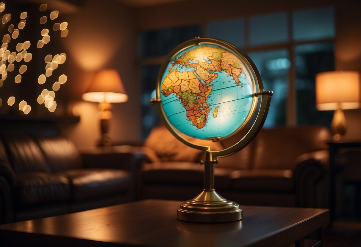 A vintage globe light hangs above a cozy living room, casting warm, ambient light on mid-century modern furniture and decor