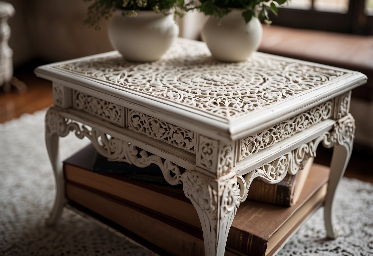 A distressed white side table with ornate carvings, adorned with a vintage lace doily and a stack of old books