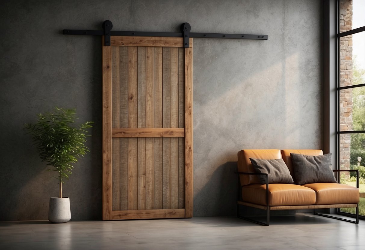 A vintage barn door hangs as a decorative wall piece in a modern home, adding a touch of rustic charm to the sleek contemporary design