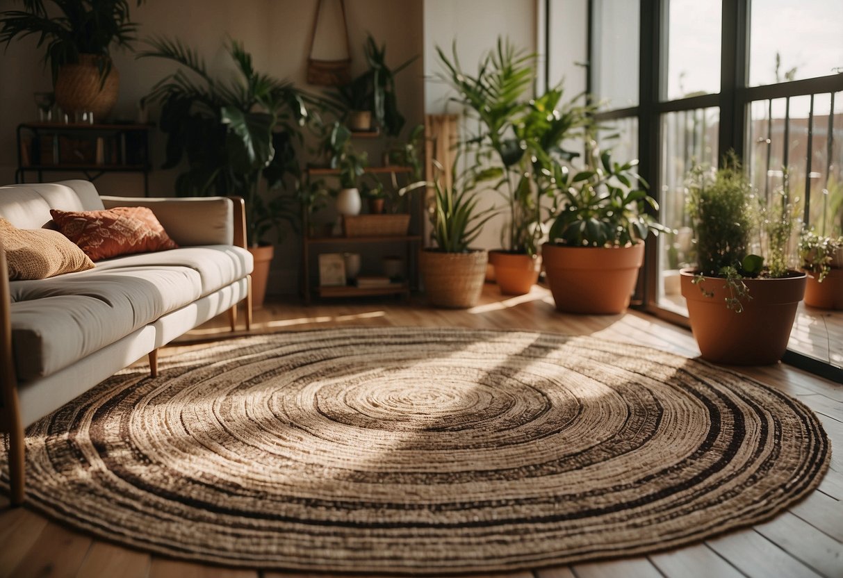 A bohemian woven rug lies in a sunlit living room, surrounded by vintage decor and potted plants, creating a cozy and eclectic atmosphere