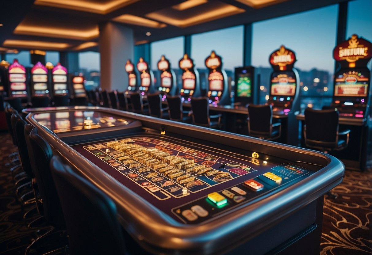 Brightly lit casino floor with rows of slot machines and gaming tables. Software developers work on new games in a modern office space overlooking the bustling casino below