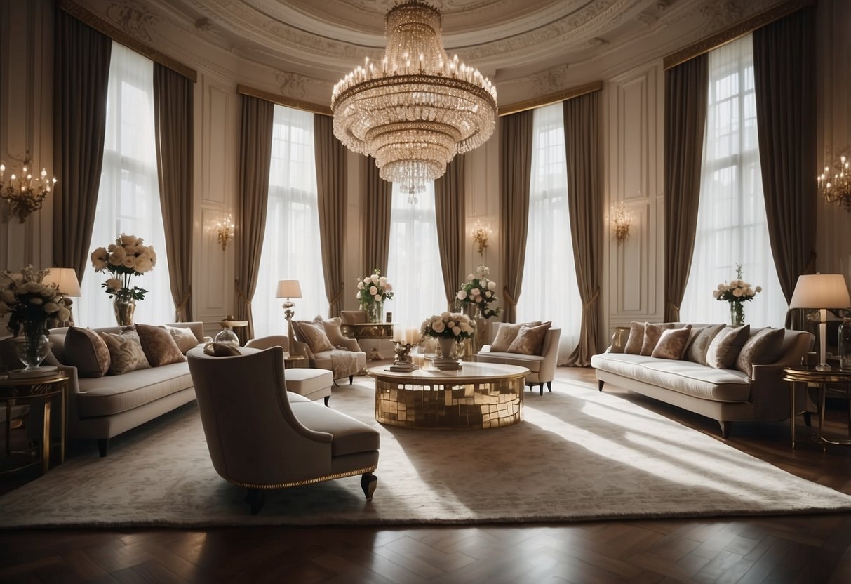 A spacious room with high ceilings and large windows, adorned with elegant chandeliers and luxurious drapes. Plush seating arrangements and ornate rugs add opulence to the space