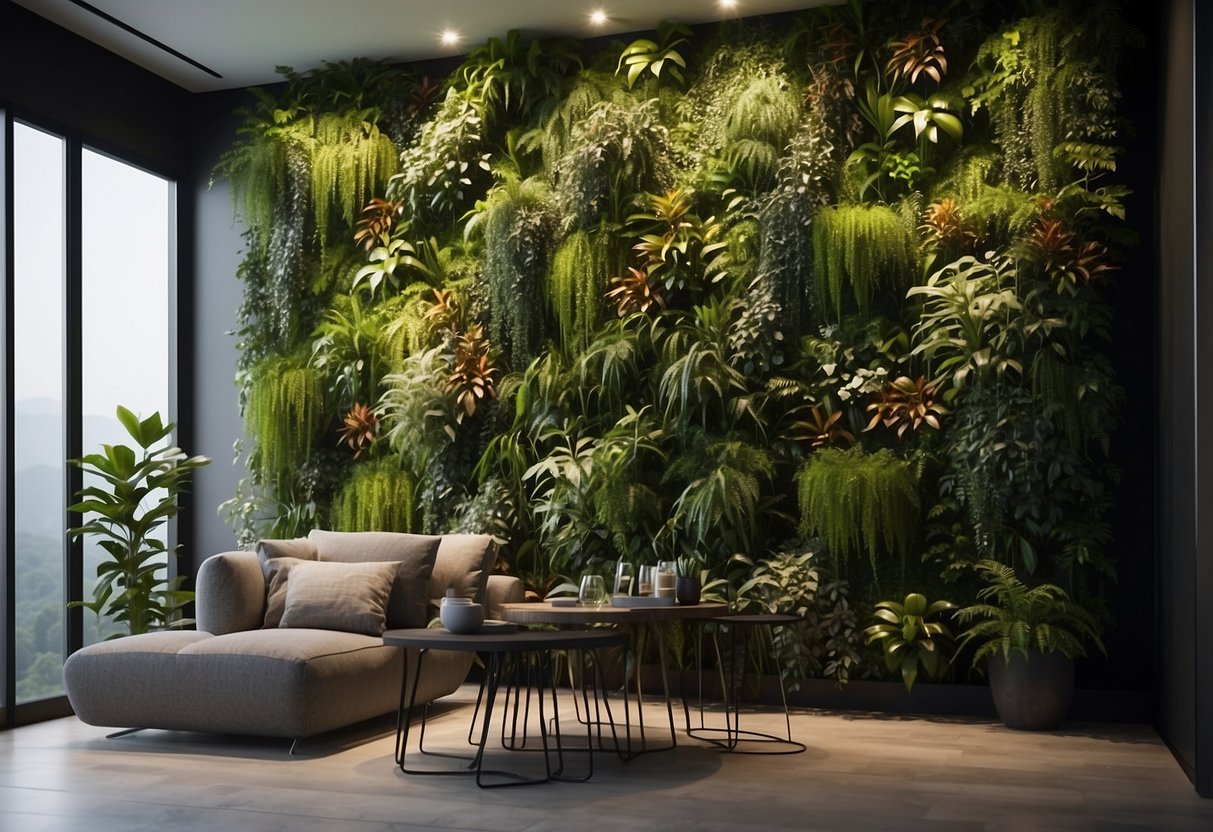 A tall, lush vertical garden covers an entire wall, adding a natural touch to a spacious room