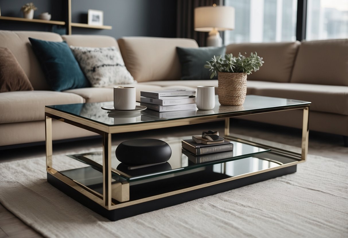 A sleek, modern coffee table sits in a spacious room with clean lines and minimal decor, creating a sense of simplicity and sophistication