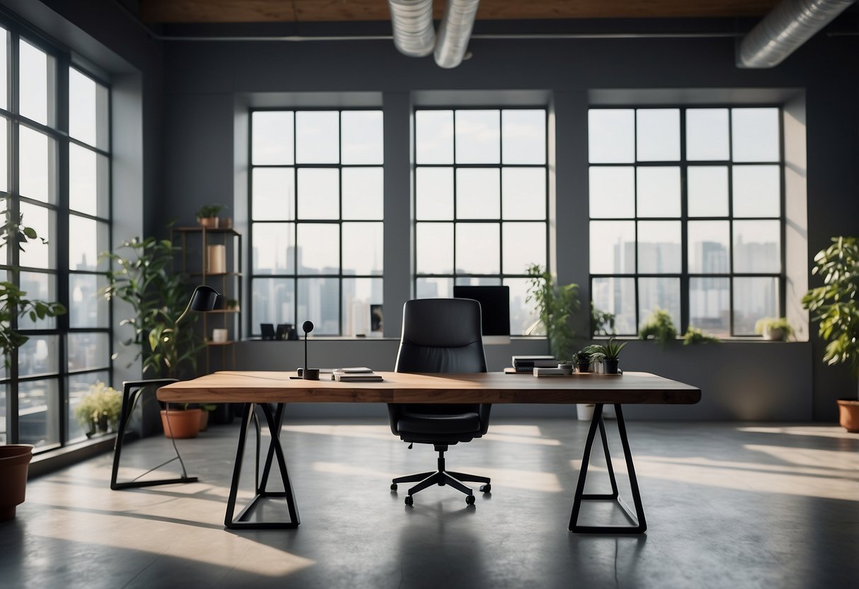 An industrial-style desk sits in a spacious room with minimalist decor and large windows, creating a modern and sleek atmosphere