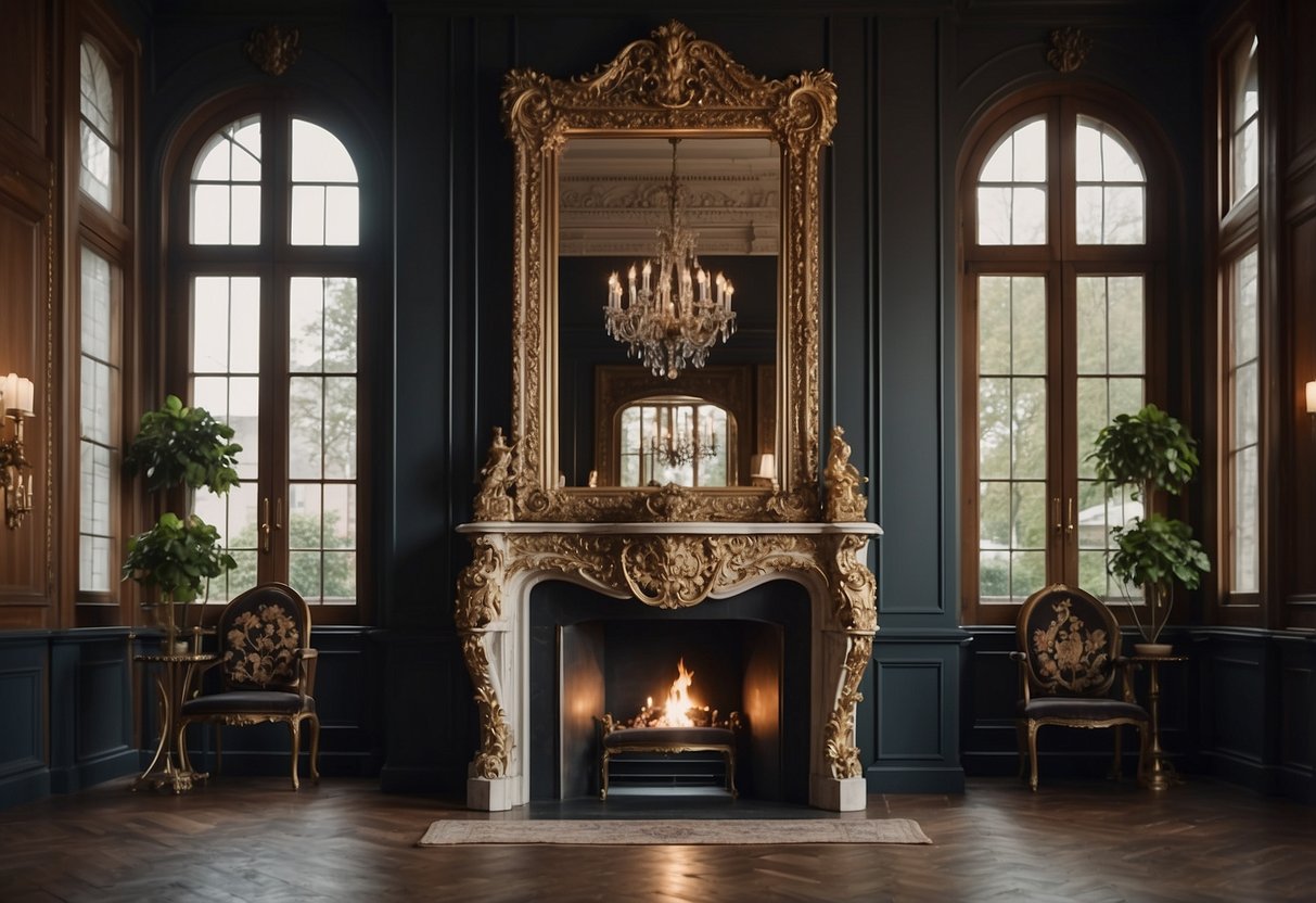 An ornate antique mirror hangs above a grand fireplace in a spacious, elegantly decorated room. Rich, dark wood furniture and opulent textiles complete the luxurious ambiance