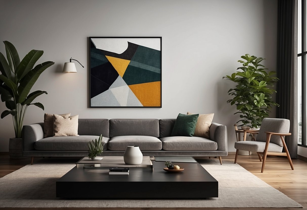 A modern square living room with a minimalist design, featuring a sleek sectional sofa, a low coffee table, and a statement wall art piece