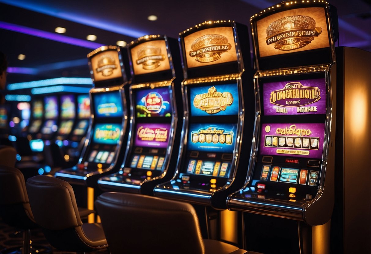 Brightly lit online casino interface with various games displayed. A "no deposit required" banner prominently featured. Virtual chips and cards on the screen