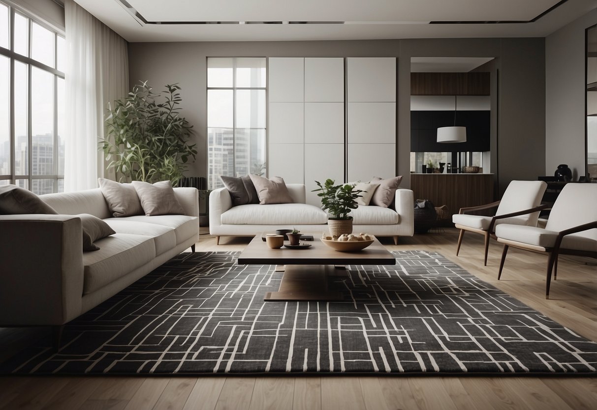 A square living room with a modern geometric area rug as the focal point, surrounded by sleek furniture and minimalist decor