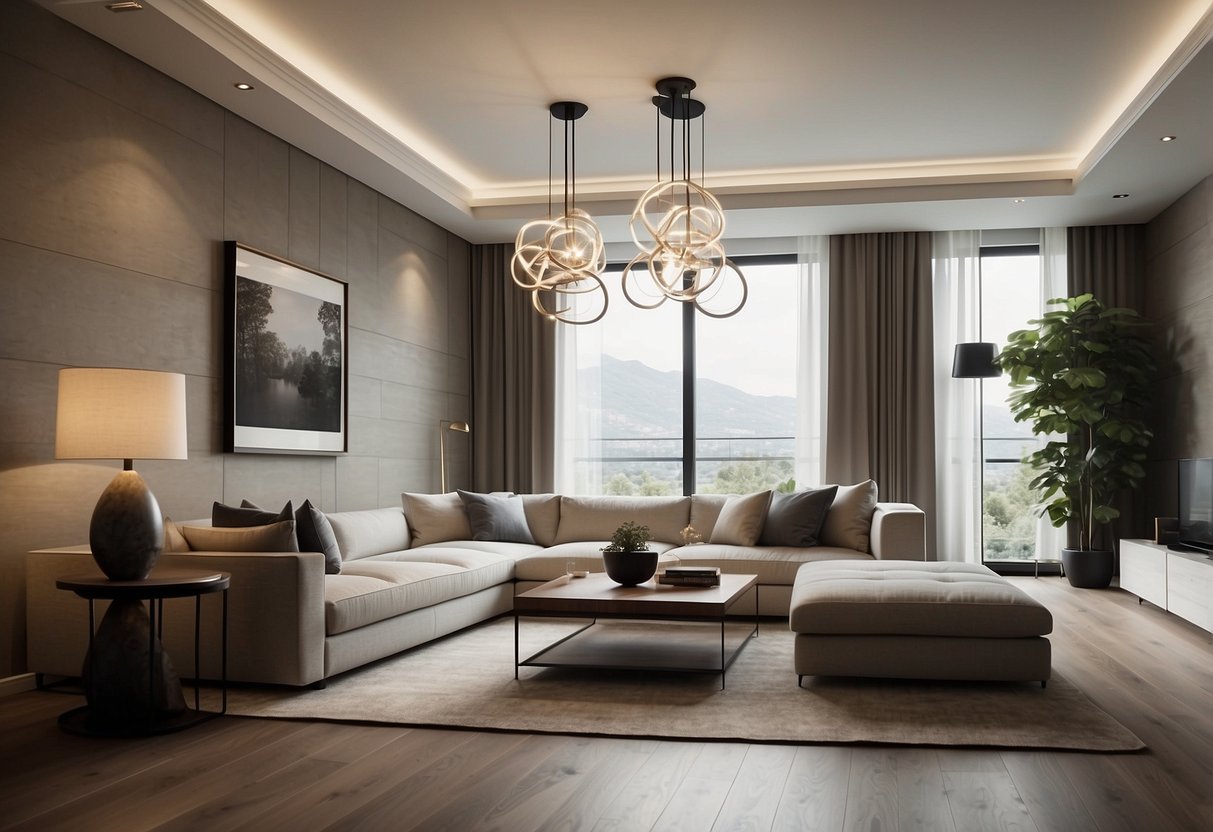 A modern, square living room with a statement pendant light as the focal point. Clean lines, neutral colors, and minimalist decor create a sleek and sophisticated atmosphere