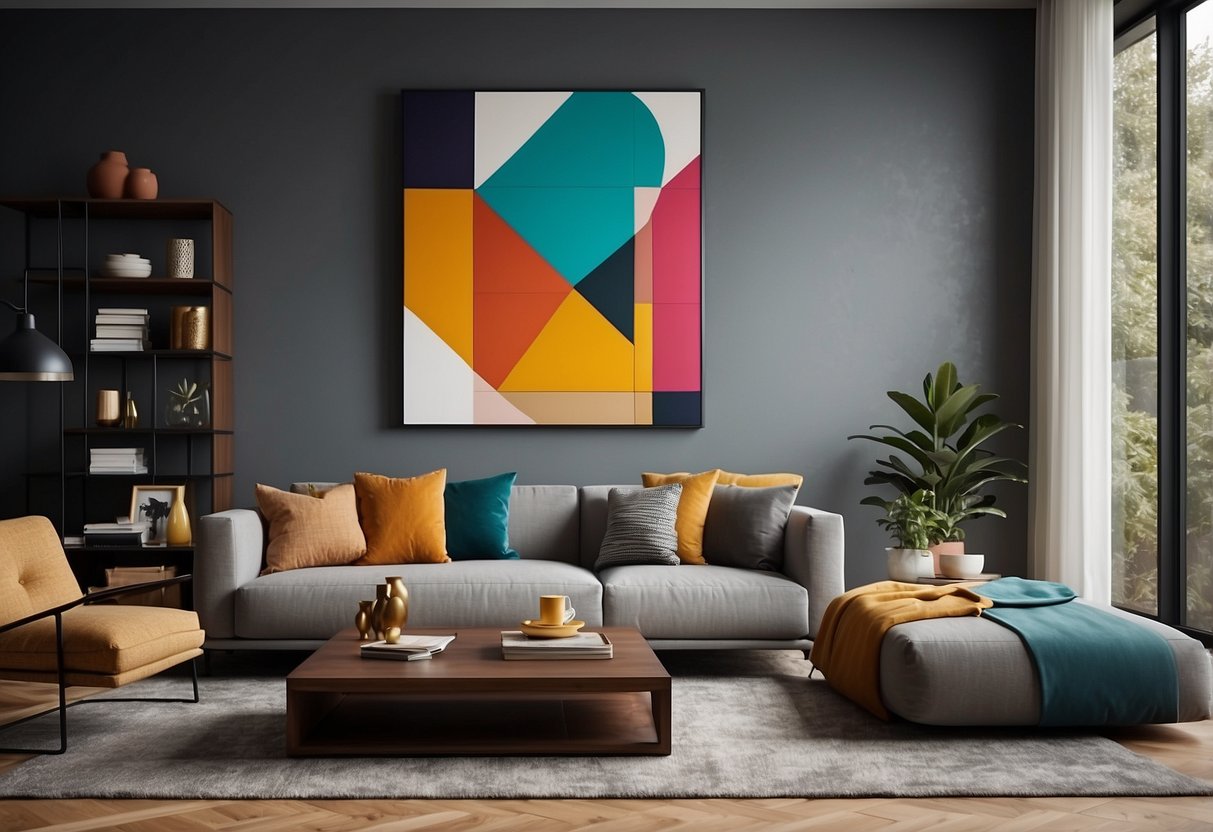 A square living room with abstract wall art, featuring bold colors and geometric shapes, creating a modern and vibrant atmosphere