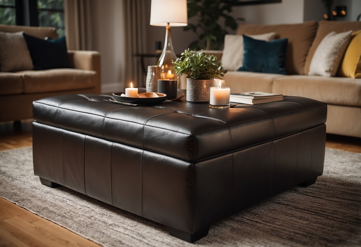 A square storage ottoman serves as a centerpiece in a cozy living room, surrounded by stylish decor and soft lighting