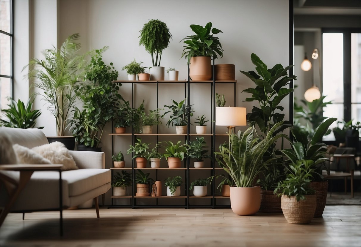 A square living room with a variety of indoor plants on a stand, adding a touch of greenery to the decor