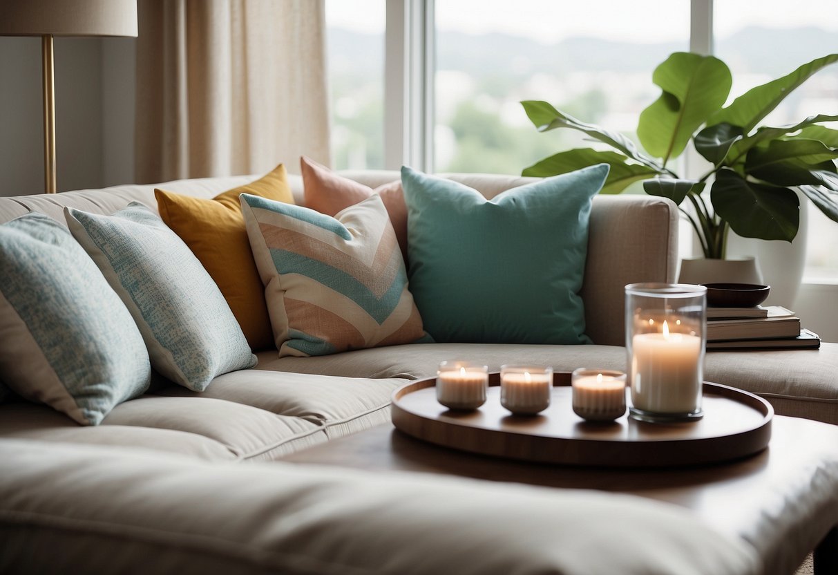 A cozy living room with chevron throw pillows on a neutral-colored sofa. The pillows add a pop of color and pattern to the room's decor