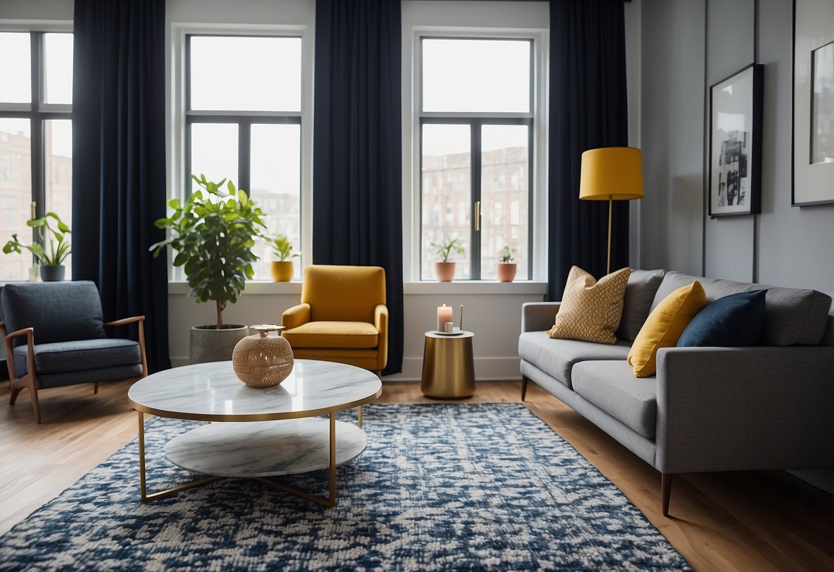 A square living room with a modern color scheme. Grey walls, navy blue sofa, mustard yellow accent chair, and a geometric patterned rug. White curtains and a marble coffee table complete the look