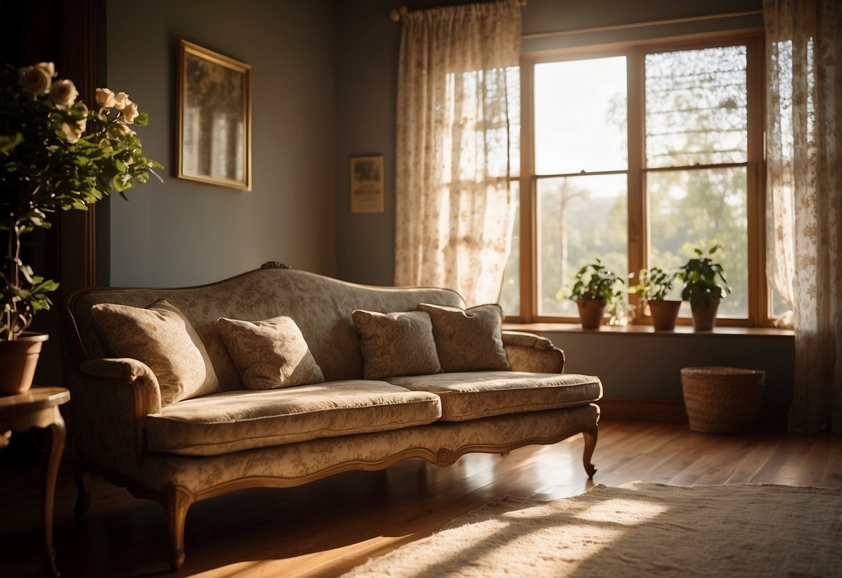 A cozy living room with a floral patterned couch, a wooden coffee table, and vintage wall art. Sunlight streams in through lace curtains, casting a warm glow on the room