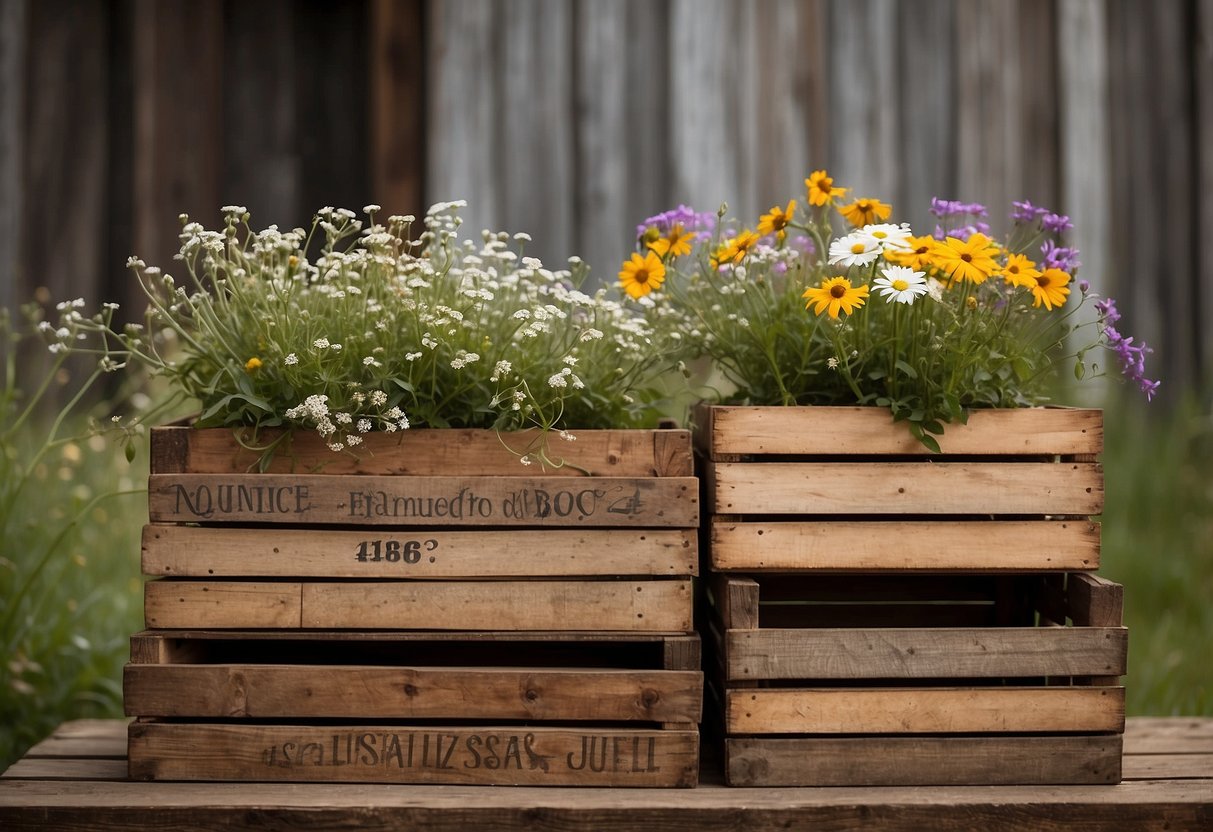 A stack of weathered wooden crates, adorned with vintage labels and filled with wildflowers, sits against a backdrop of a rustic farmhouse