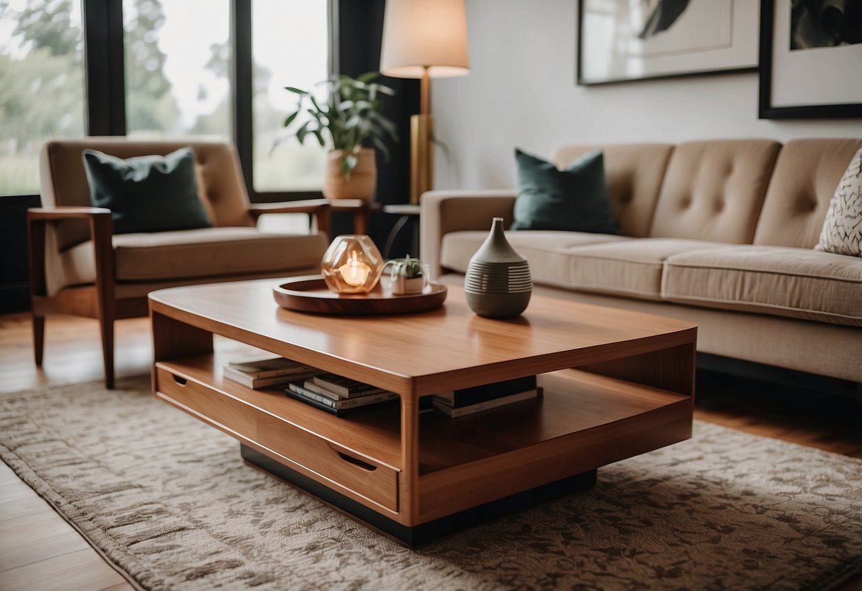 A sleek Mid-Century Modern coffee table sits in a stylish living room, surrounded by vintage home decor accents